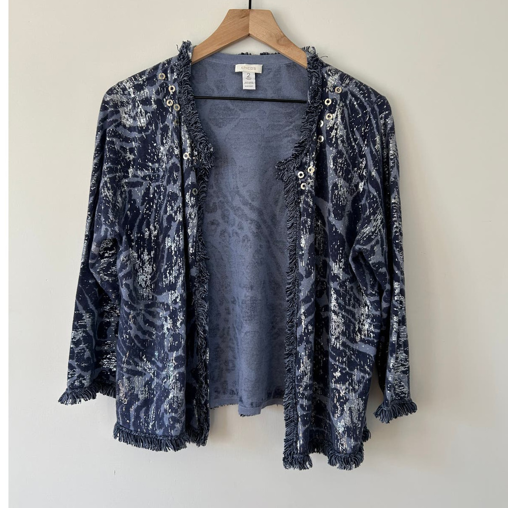 Chico's Leopard Animal Print Linen Fringe Sequin Open Front Cardigan Sweater